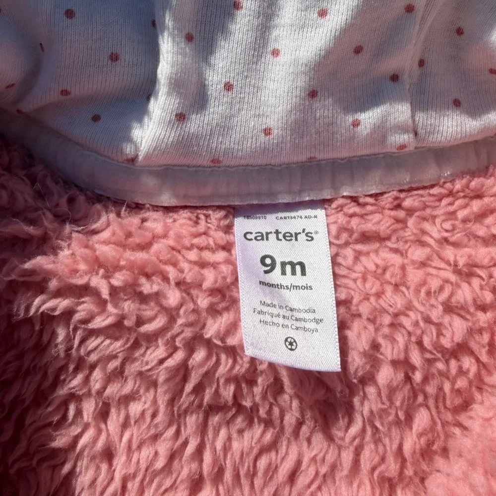 Carters Pink Sherpa Fleece Hooded Pram Jumpsuit Bear Ears 9 Months